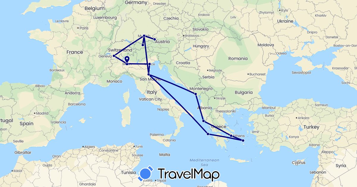 TravelMap itinerary: driving in Austria, Switzerland, Germany, Greece, Italy, Montenegro (Europe)