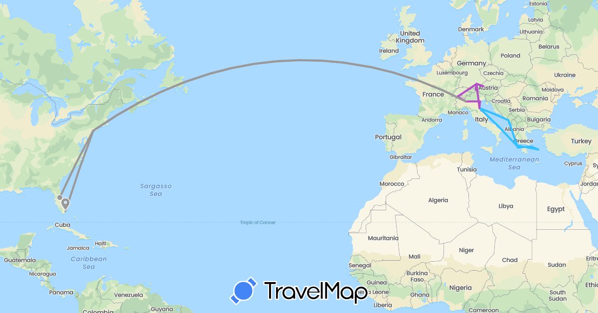 TravelMap itinerary: plane, train, boat in Austria, Switzerland, Germany, Greece, Italy, Montenegro, United States (Europe, North America)